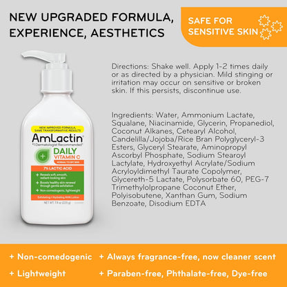A bottle of AmLactin Daily Vitamin C Lotion 7% Lactic Acid (225g) is shown, highlighting its new formula that’s fragrance-free, non-comedogenic, paraben-free, safe for sensitive skin, with directions and ingredients on a gray and yellow background.