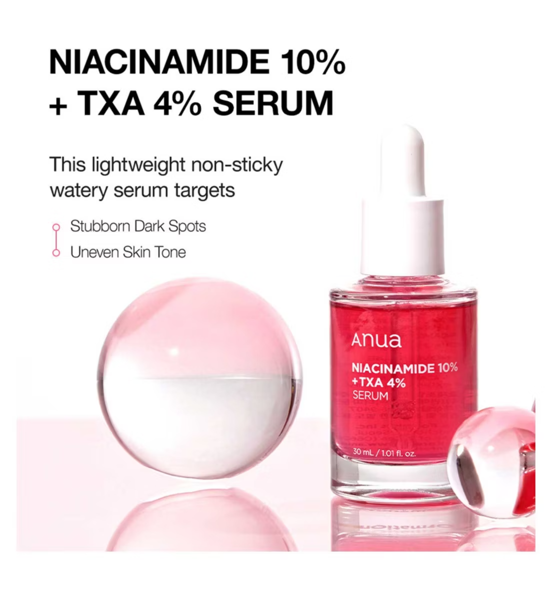 Anua serum bottle with product benefits text, highlighting its non sticky, lightweight formula that targets dark spots and uneven skin tone