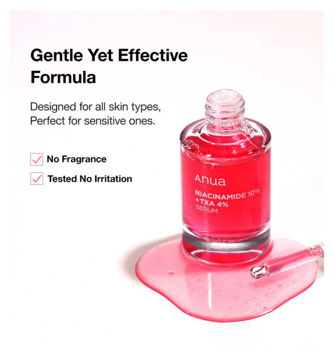 Anua serum bottle with spilled pink liquid, emphasizing its gentle, fragrance free formula suitable for all skin types