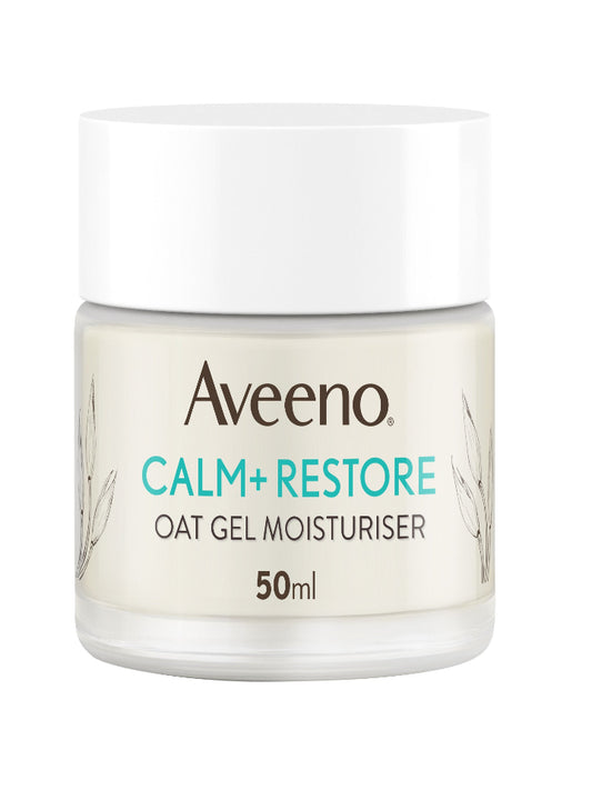 The 50ml Aveeno Calm + Restore Oat Gel Moisturiser, ideal for sensitive skin, has a white lid. Its clear container showcases the creamy gel enriched with Prebiotic Oat. The label features the product name and delicate oat stem designs.
