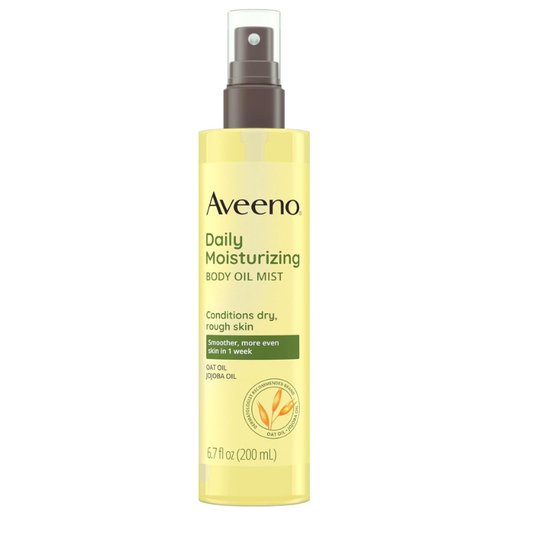 Aveeno Daily Moisturizing Body Oil Mist bottle on a white background
