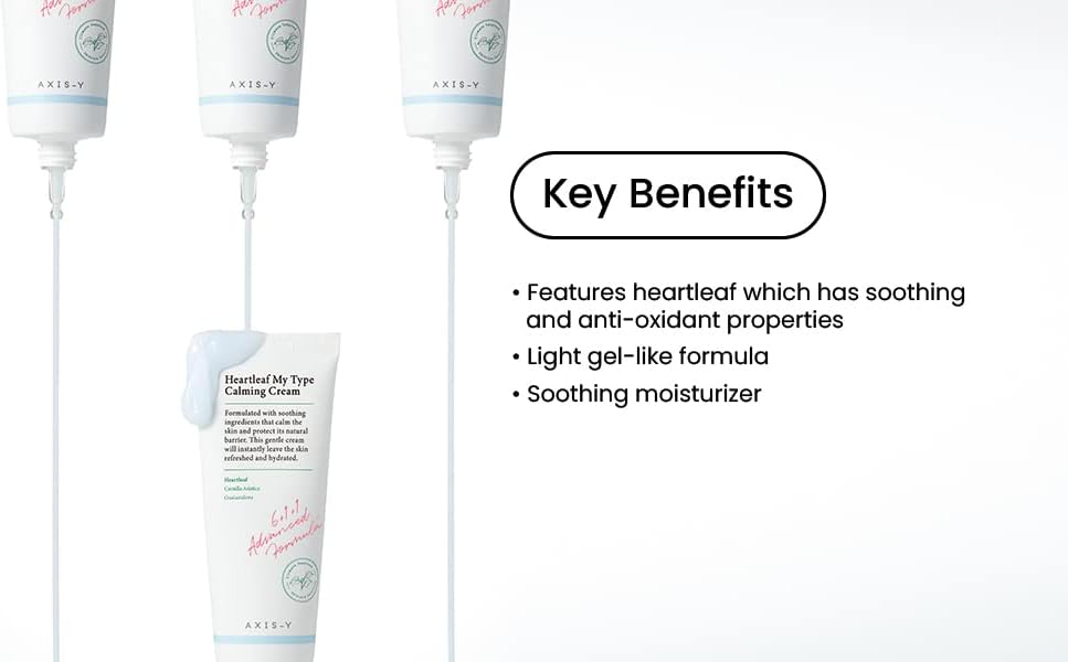 Four tubes of Axis-Y Heartleaf My Type Calming Cream are displayed with samples, showcasing key benefits like soothing and antioxidant properties, a light gel-like formula, and moisturizing benefits from centella asiatica.