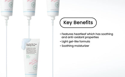 Four tubes of Axis-Y Heartleaf My Type Calming Cream are displayed with samples, showcasing key benefits like soothing and antioxidant properties, a light gel-like formula, and moisturizing benefits from centella asiatica.