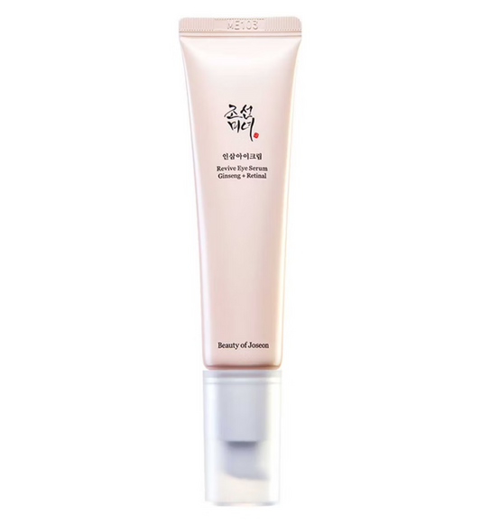 A pink and silver tube of Beauty of Joseons Revive Eye Serum: Ginseng + Retinal offers wrinkle reduction, brightening, and anti-aging benefits with ginseng extract and retinal liposome. It features a light pink cap and Korean text.