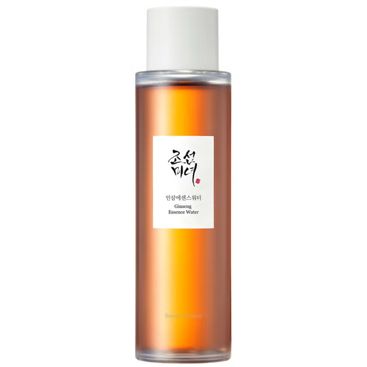 A clear bottle with amber liquid, labeled Beauty of Joseon Ginseng Essence Water Toner, features a white cap and Korean text on a white label. This 150ml product embodies Korean beauty rituals, promising the coveted glass skin effect.