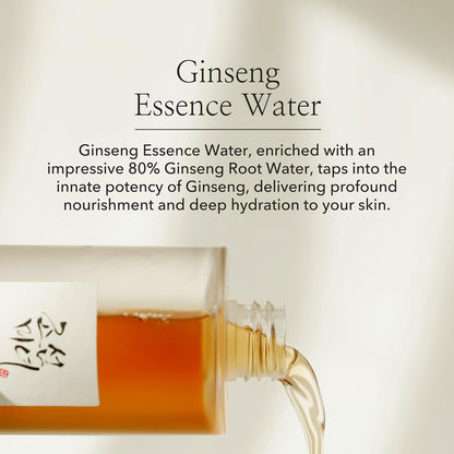 The Beauty of Joseon Ginseng Essence Water Toner, enriched with 80% Ginseng Root Water, pours from a transparent bottle against a light background. It embodies Korean beauty rituals by nourishing and hydrating skin for a glass skin effect.