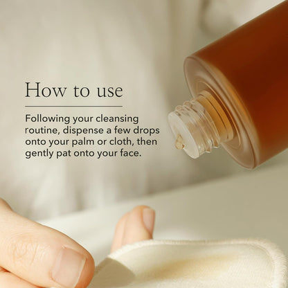 A brown bottle dispenses liquid onto a white cloth with text: Beauty of Joseon Ginseng Essence Water Toner - 150ml. After cleansing, pat a few drops onto your palm or cloth, then gently apply to the face for that glass skin look.