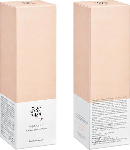 Two beige rectangular boxes of Beauty of Joseon Ginseng Essence Water Toner, 150ml, promise the coveted glass skin effect. One box shows product information in English and Korean; the other displays the front label with brand name and Korean text, embodying traditional Korean beauty rituals.