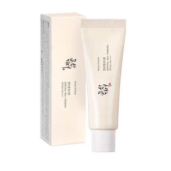 A beige tube of Beauty of Joseon Relief Sun: Rice + Probiotics SPF50+ PA++++ stands next to its matching box, both displaying Korean and English text.
