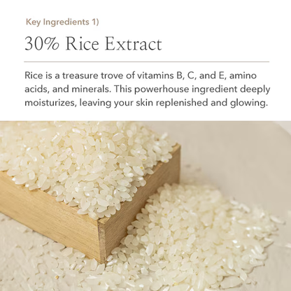 A wooden block holds uncooked white rice, with more scattered nearby. Text highlights that Beauty of Joseon Relief Sun: Rice + Probiotics SPF50+ PA++++ uses vitamin-rich rice extract for moisturizing, glowing skin.