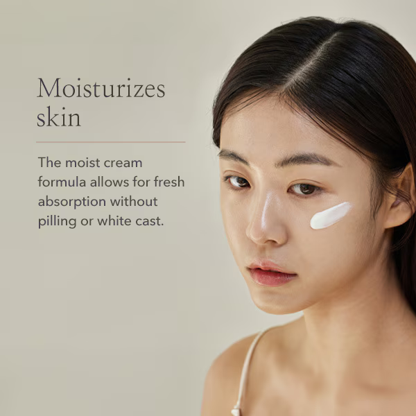 A young woman with long dark hair applies Beauty of Joseon Relief Sun: Rice + Probiotics SPF50+ PA++++. Text beside her reads, “Moisturizes skin. The moist cream formula absorbs freshly—no pilling or white cast.”.