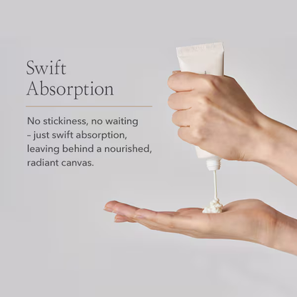 A hand squeezes Beauty of Joseon Relief Sun: Rice + Probiotics SPF50+ PA++++ onto a palm, with text noting: Swift Absorption—no stickiness, just quick absorption with rice extract for nourished, radiant skin.