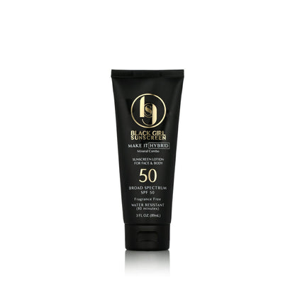 Black Girl Sunscreen Make It Hybrid™ SPF50 provides broad-spectrum protection with moisturizing ingredients, perfect for face and body. This fragrance-free mineral sunscreen is water-resistant for 80 minutes and comes in a convenient 89 ml (3 fl oz) black tube.