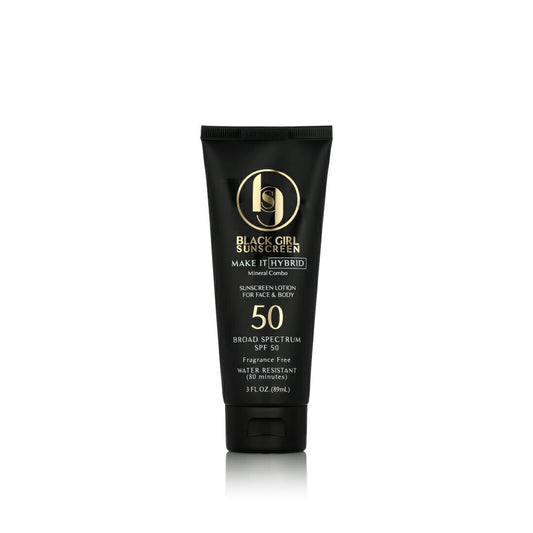 Black Girl Sunscreen Make It Hybrid™ SPF50 provides broad-spectrum protection with moisturizing ingredients, perfect for face and body. This fragrance-free mineral sunscreen is water-resistant for 80 minutes and comes in a convenient 89 ml (3 fl oz) black tube.