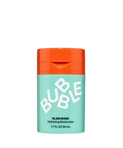 A teal 50ml container of Bubble Slam Dunk Hydrating Moisturizer Cream, infused with Vitamin E and Aloe Leaf Juice, featuring an orange cap.