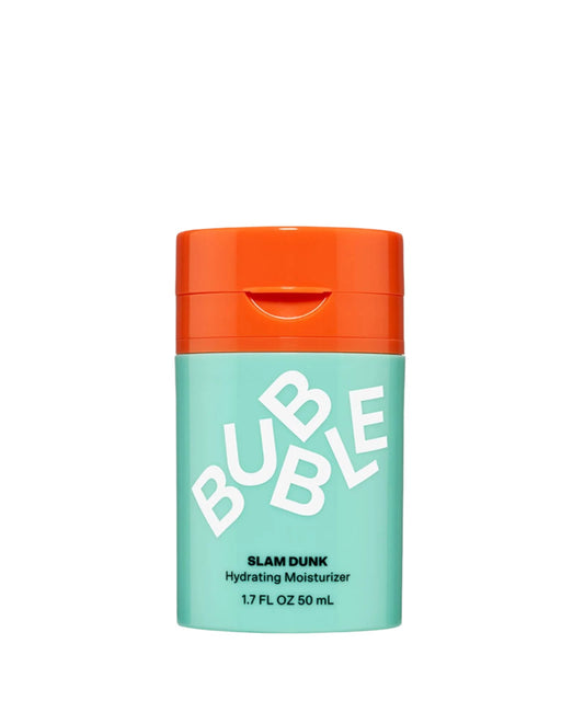 A teal 50ml container of Bubble Slam Dunk Hydrating Moisturizer Cream, infused with Vitamin E and Aloe Leaf Juice, featuring an orange cap.
