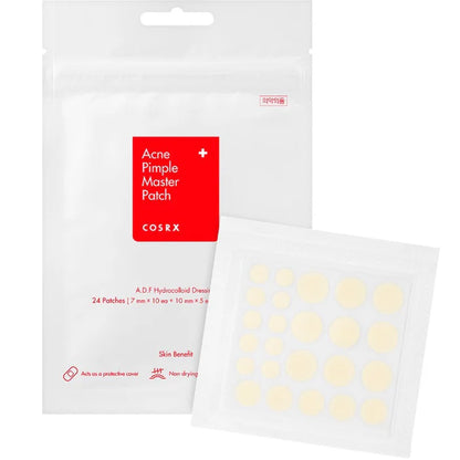 COSRX Acne Pimple Master Patch.24 hydrocolloid patches in various sizes. Fast-healing, non-drying, protective cover for pimples and acne breakouts.