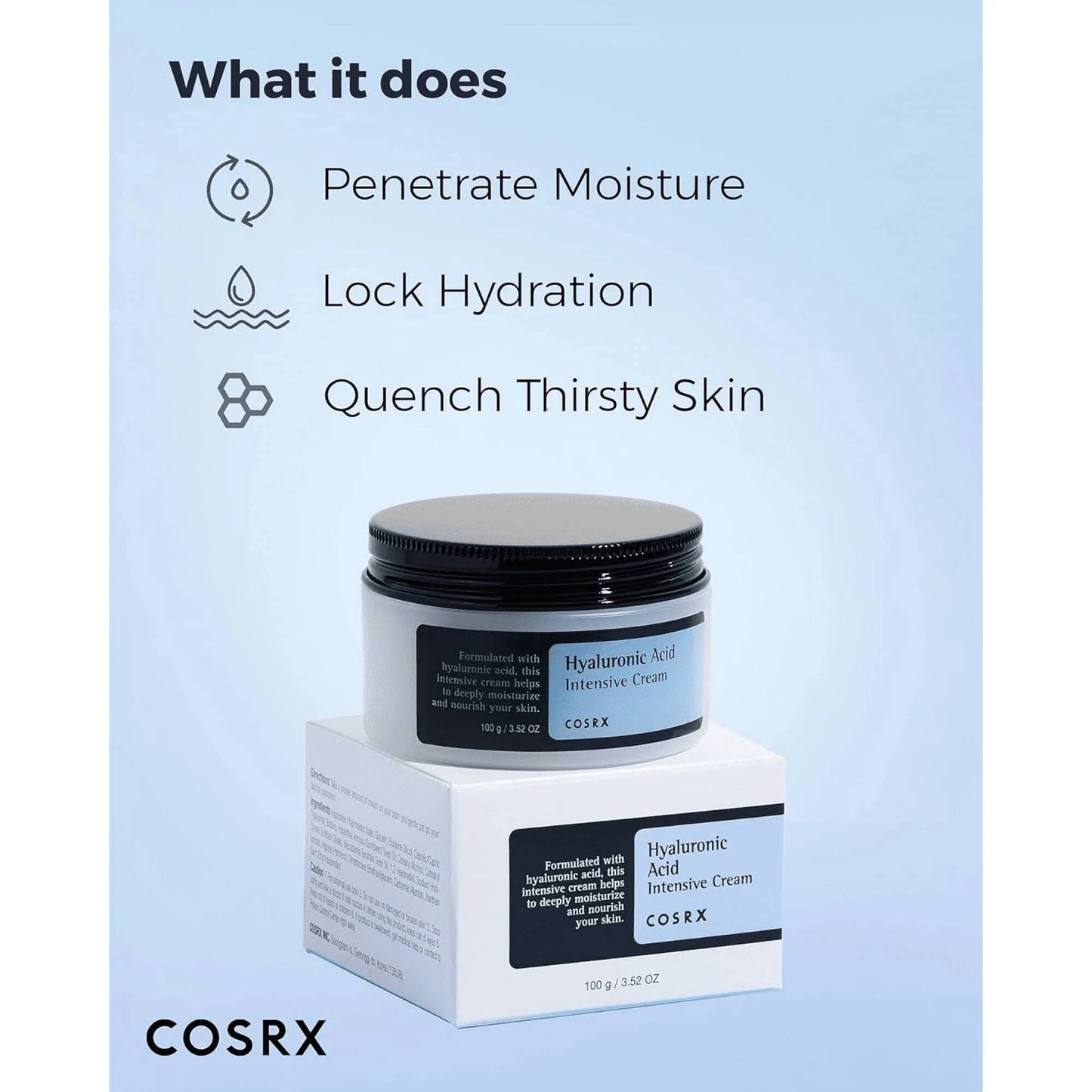 COSRX Hyaluronic Acid Intensive Cream – deeply hydrates, locks in moisture, and quenches dry skin. Ideal for dry, dull skin needing intense hydration.