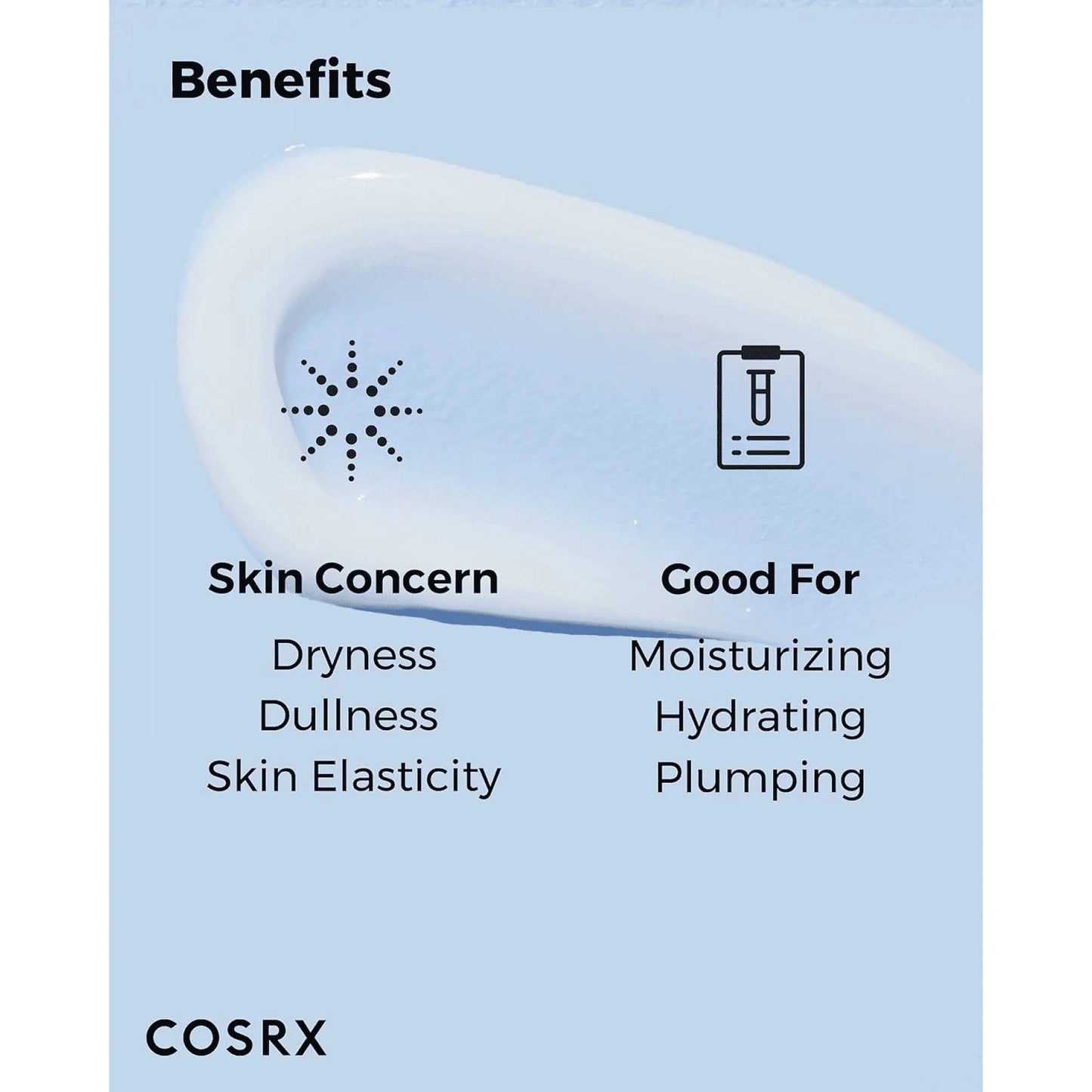 COSRX Hyaluronic Acid Intensive Cream benefits: targets dryness, dullness, and elasticity. Best for moisturizing, hydrating, and plumping skin.