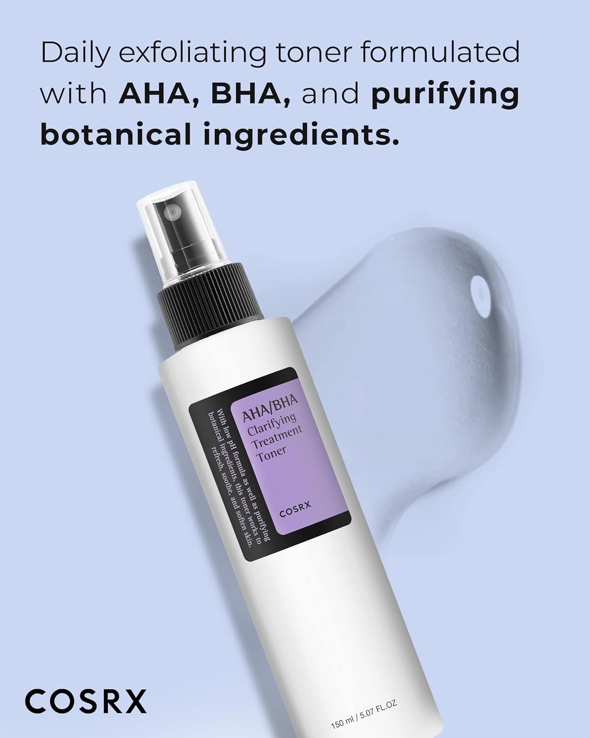 The COSRX AHA/BHA Clarifying Treatment Toner, 5.07 fl. oz, is displayed with a spray nozzle against a ripple background, emphasizing its AHA, BHA, and botanical elements designed for exfoliating congested pores.