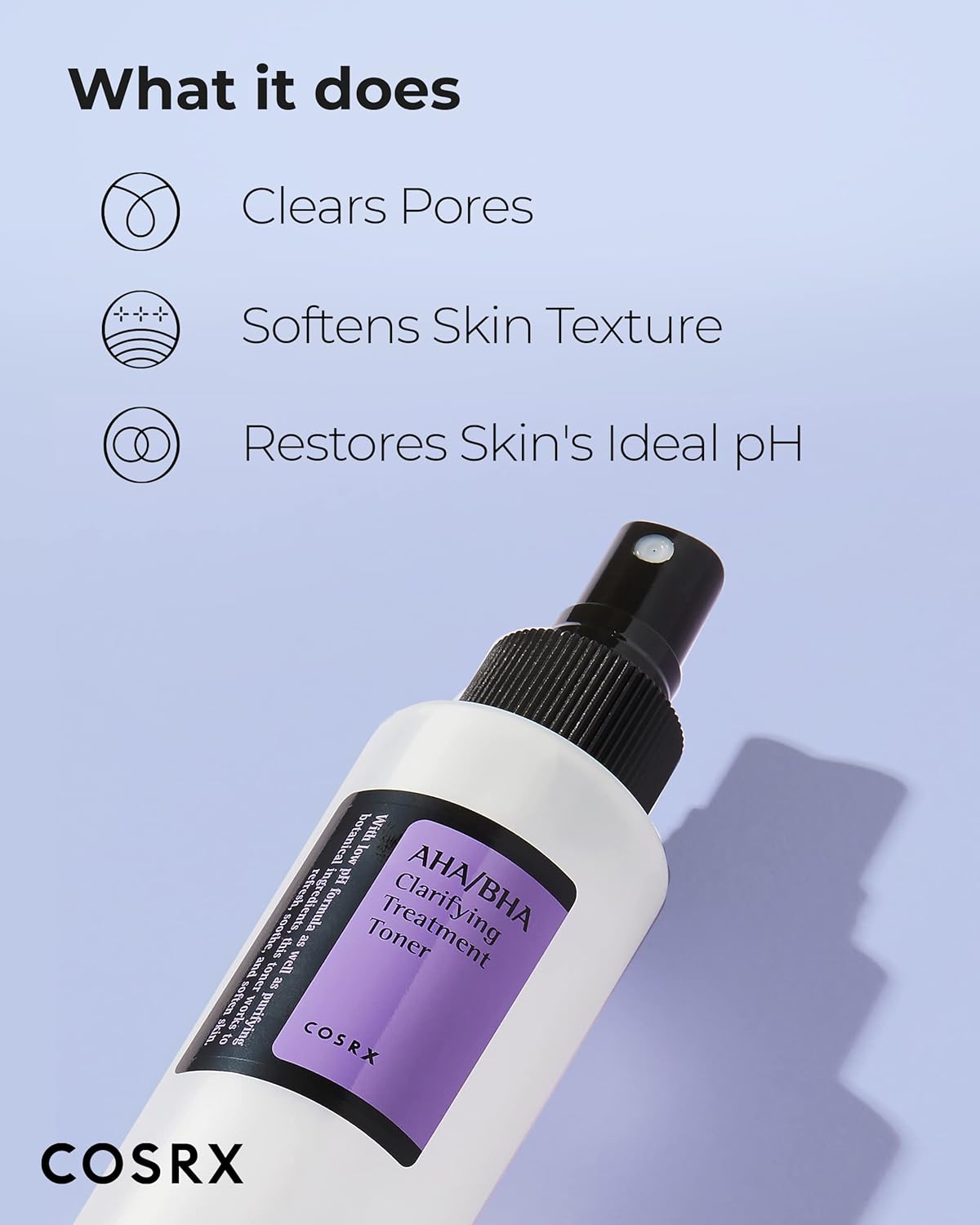 A 5.07 fl.oz bottle of COSRX AHA/BHA Clarifying Treatment Toner rests on a purple background, with text above showcasing its benefits: exfoliating congested pores, softening skin texture, and restoring the ideal skin pH.