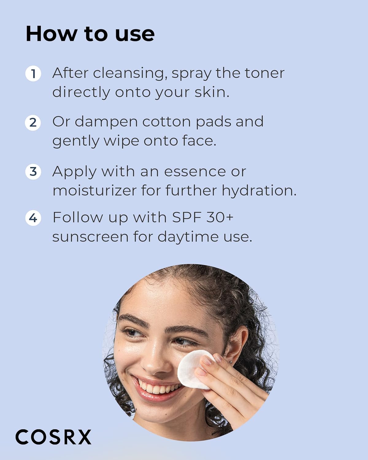 A woman smiles while using the COSRX AHA/BHA Clarifying Treatment Toner with a cotton pad. Steps: spray toner, dampen pads, apply essence, then use SPF 30+ sunscreen. Exfoliate congested pores with AHA+BHA for smoother skin. COSRX is visible at the bottom.