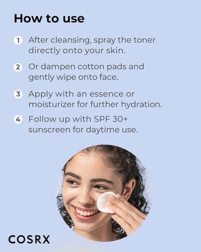 A woman smiles while using the COSRX AHA/BHA Clarifying Treatment Toner with a cotton pad. Steps: spray toner, dampen pads, apply essence, then use SPF 30+ sunscreen. Exfoliate congested pores with AHA+BHA for smoother skin. COSRX is visible at the bottom.