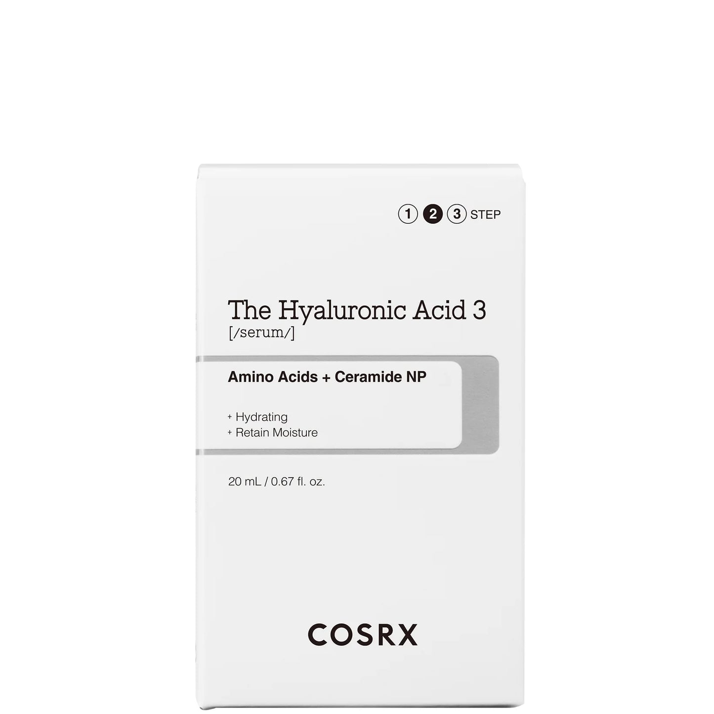 A white box labeled COSRX The Hyaluronic Acid 3 Serum - Amino Acids Ceramide NP Serum 20ml, featuring 3% hyaluronic acid, amino acids, and ceramide NP to plump skin and boost the moisture barrier; bottle size is 20 mL (0.67 fl. oz.).