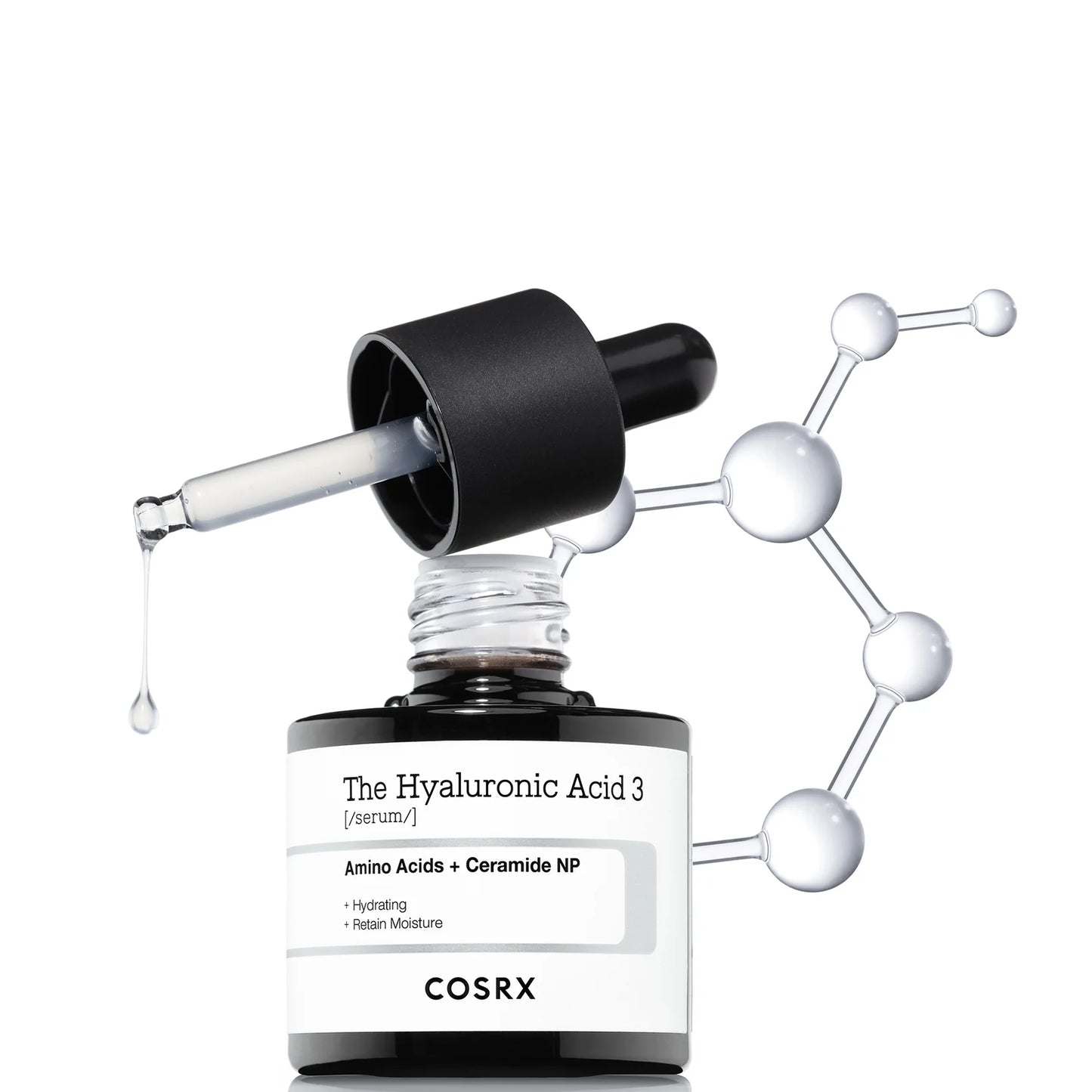A dropper dispenses clear liquid into a bottle labeled COSRX The Hyaluronic Acid 3 Serum - Amino Acids Ceramide NP Serum 20ml, featuring 3% hyaluronic acid, amino acids, ceramide NP for plump, hydrated skin and moisture barrier support.