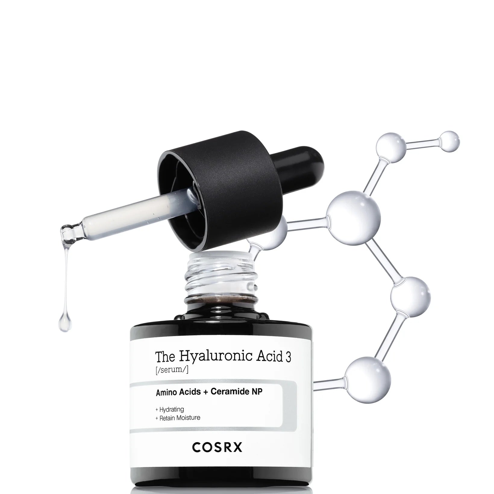 A dropper dispenses clear liquid into a bottle labeled COSRX The Hyaluronic Acid 3 Serum - Amino Acids Ceramide NP Serum 20ml, featuring 3% hyaluronic acid, amino acids, ceramide NP for plump, hydrated skin and moisture barrier support.