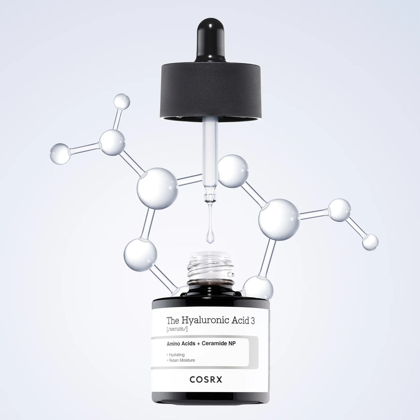 A dropper dispenses COSRX The Hyaluronic Acid 3 Serum - Amino Acids Ceramide NP Serum (20ml) into an open bottle, with a molecular structure backdrop emphasizing 3% hyaluronic acid for plump, hydrated skin and a stronger moisture barrier.