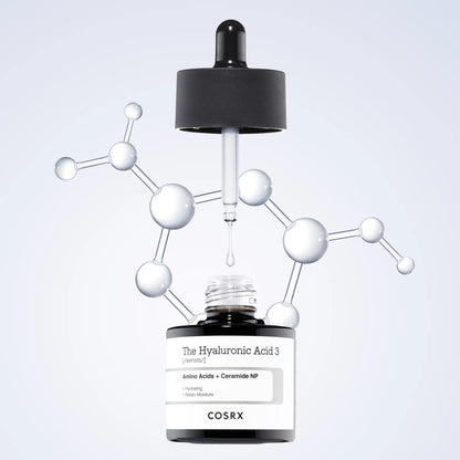 A dropper dispenses COSRX The Hyaluronic Acid 3 Serum - Amino Acids Ceramide NP Serum (20ml) into an open bottle, with a molecular structure backdrop emphasizing 3% hyaluronic acid for plump, hydrated skin and a stronger moisture barrier.