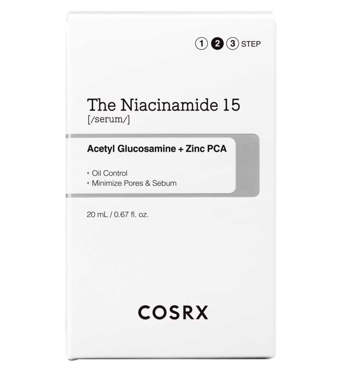 A white box of COSRX The Niacinamide 15 Serum – 20ml features 15% niacinamide, Acetyl Glucosamine, and Zinc PCA to reduce oil and minimize pores. Minimal packaging displays black text and a 20ml/0.67 fl. oz. size label.