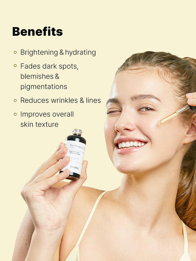 Woman holding a skincare product with text listing benefits on a beige background