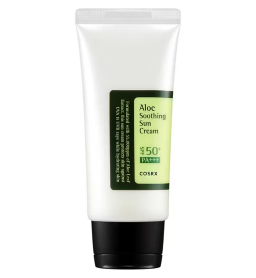 The COSRX Aloe Soothing Sun Cream SPF50+ PA+++ provides ultimate protection and hydration. Its white tube features a green label and is topped with a black cap for easy use, ensuring your skin stays shielded under the sun.