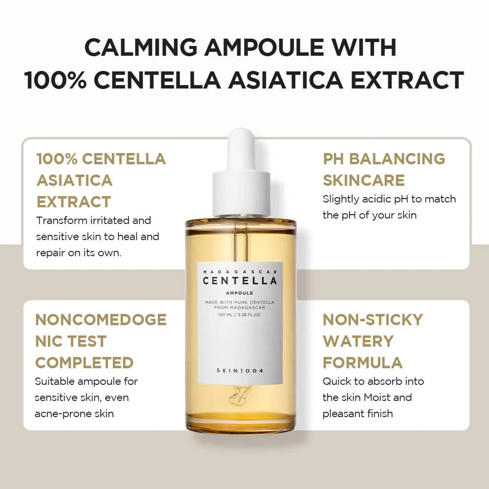 A promotional image for SKIN1004 Madagascar Centella Ampoule, highlighting its key benefits. The image features a bottle of the ampoule with a dropper cap, filled with a golden-hued liquid. Surrounding the bottle are four text boxes with benefits: "100% Centella Asiatica Extract" for healing irritated skin, "PH Balancing Skincare" for maintaining skin’s natural pH, "Noncomedogenic Test Completed" making it suitable for acne-prone skin.