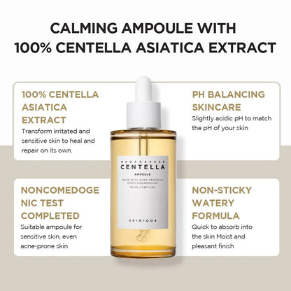 A promotional image for SKIN1004 Madagascar Centella Ampoule, highlighting its key benefits. The image features a bottle of the ampoule with a dropper cap, filled with a golden-hued liquid. Surrounding the bottle are four text boxes with benefits: "100% Centella Asiatica Extract" for healing irritated skin, "PH Balancing Skincare" for maintaining skin’s natural pH, "Noncomedogenic Test Completed" making it suitable for acne-prone skin.