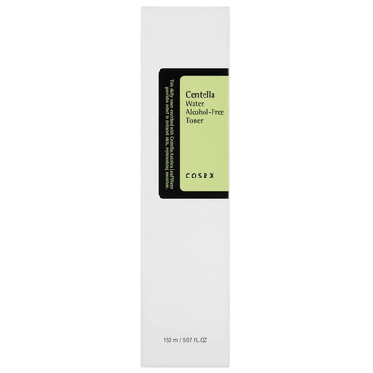 A white rectangular box with a green label displays COSRX Centella Water Alcohol-Free Toner, ideal for skincare. The 150 ml / 5.07 FL.OZ packaging highlights its calming, hydrating properties to soothe and refresh your skin.