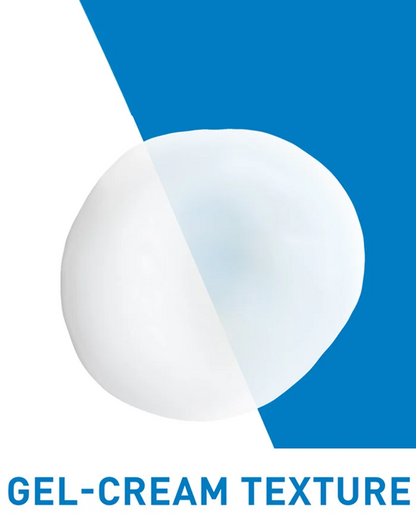 Gel-cream texture comparison with white and blue color swatches on a blue background