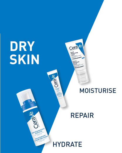 Cerave skincare products with text indicating their benefits on a blue and white background