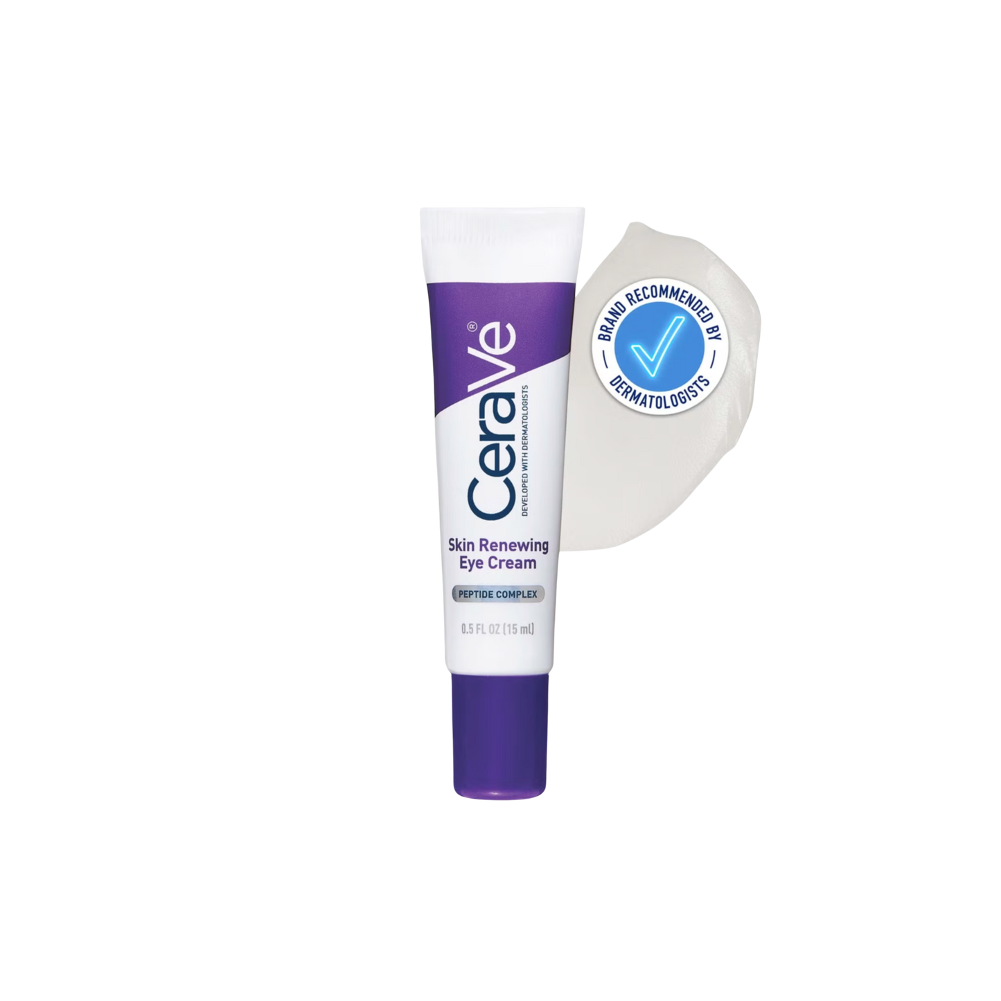 A tube of CeraVe Skin Renewing Eye Cream 15ml is shown with a smear of cream and a blue Brand Recommended by Dermatologists badge, featuring hyaluronic acid and anti-ageing peptides on a white background.