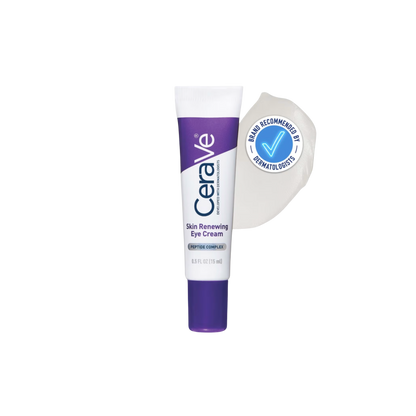 A tube of CeraVe Skin Renewing Eye Cream 15ml is shown with a smear of cream and a blue Brand Recommended by Dermatologists badge, featuring hyaluronic acid and anti-ageing peptides on a white background.