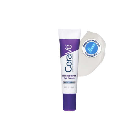 A tube of CeraVe Skin Renewing Eye Cream 15ml is shown with a smear of cream and a blue Brand Recommended by Dermatologists badge, featuring hyaluronic acid and anti-ageing peptides on a white background.