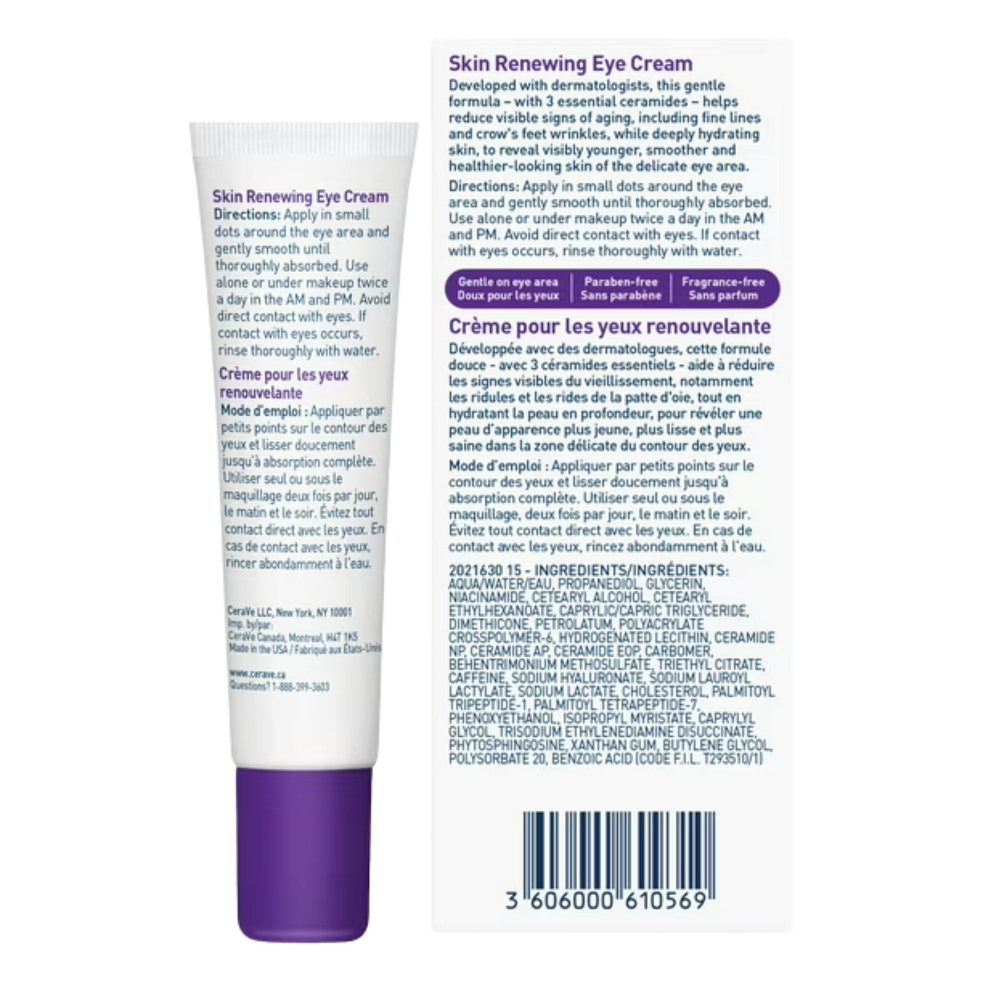 CeraVe Skin Renewing Eye Cream 15ml by CeraVe comes in a tube with a purple cap and box, both with white backgrounds and blue-purple text. Directions and ingredients are in English and French. Formulated with hydrating hyaluronic acid.