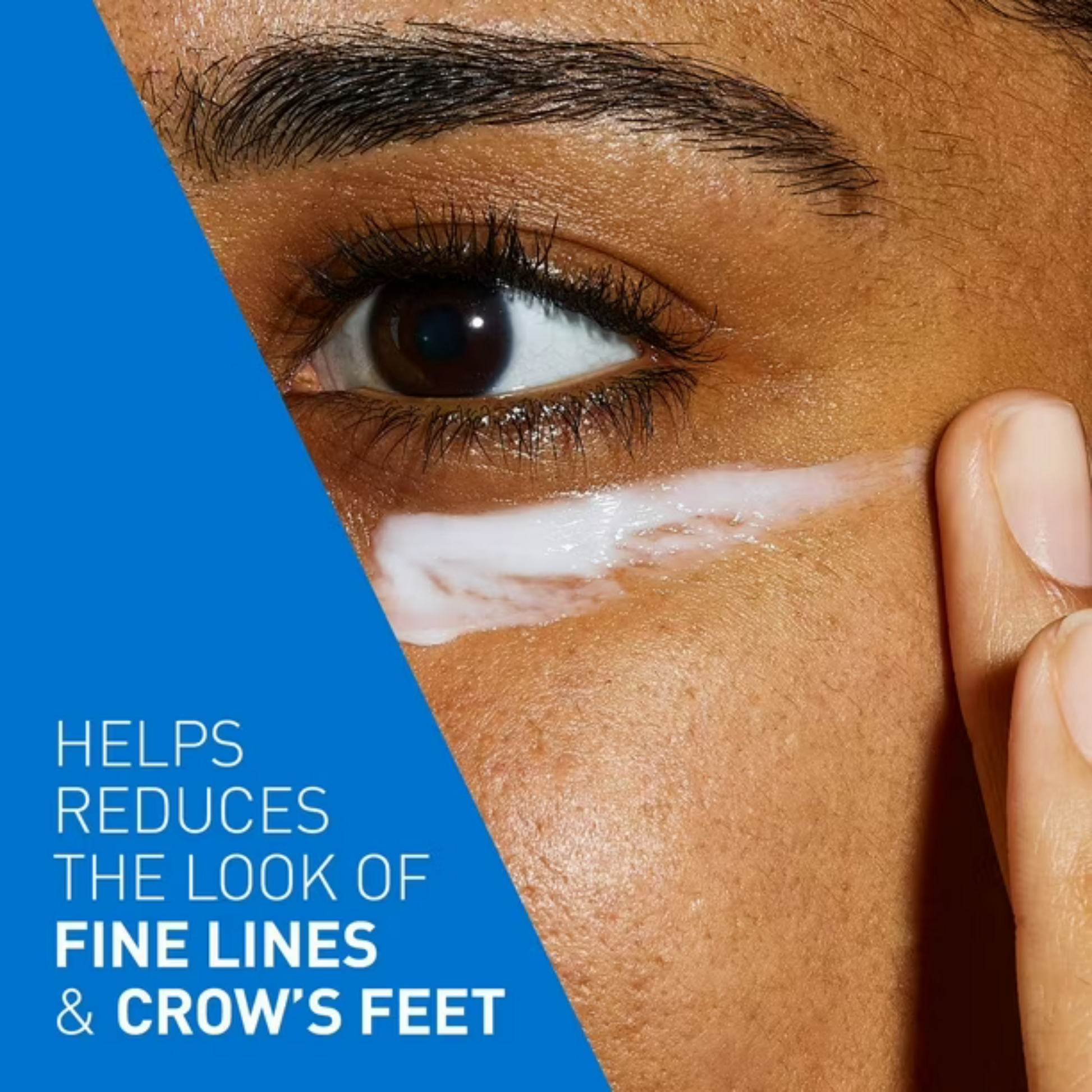 A close-up shows a person applying CeraVe Skin Renewing Eye Cream 15ml under their eye, with text on the left: Helps reduce the look of fine lines & crow’s feet. Contains anti-ageing peptide complex for visible results. Blue background. Brand: CeraVe.