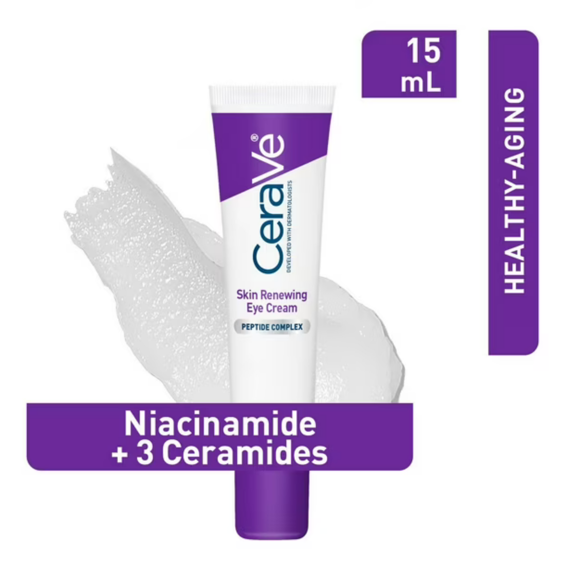 CeraVe Skin Renewing Eye Cream 15ml by CeraVe shown on a white background with a cream smear, featuring Niacinamide, 3 Ceramides, hyaluronic acid, and an anti-aging peptide complex for healthy aging.