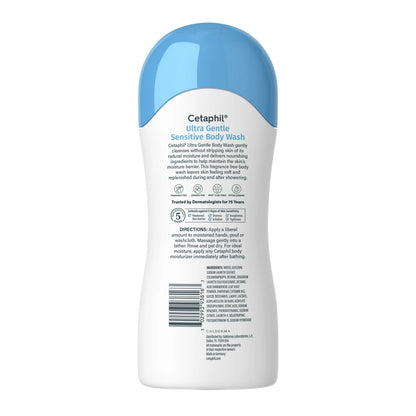 A 500ml bottle of Cetaphil Ultra Gentle Body Wash, Unscented, features a blue cap and is made for sensitive skin. The front label emphasizes hydration, gentle cleansing, and dermatologist recommendations. Directions, ingredients, and a barcode are on the back label.