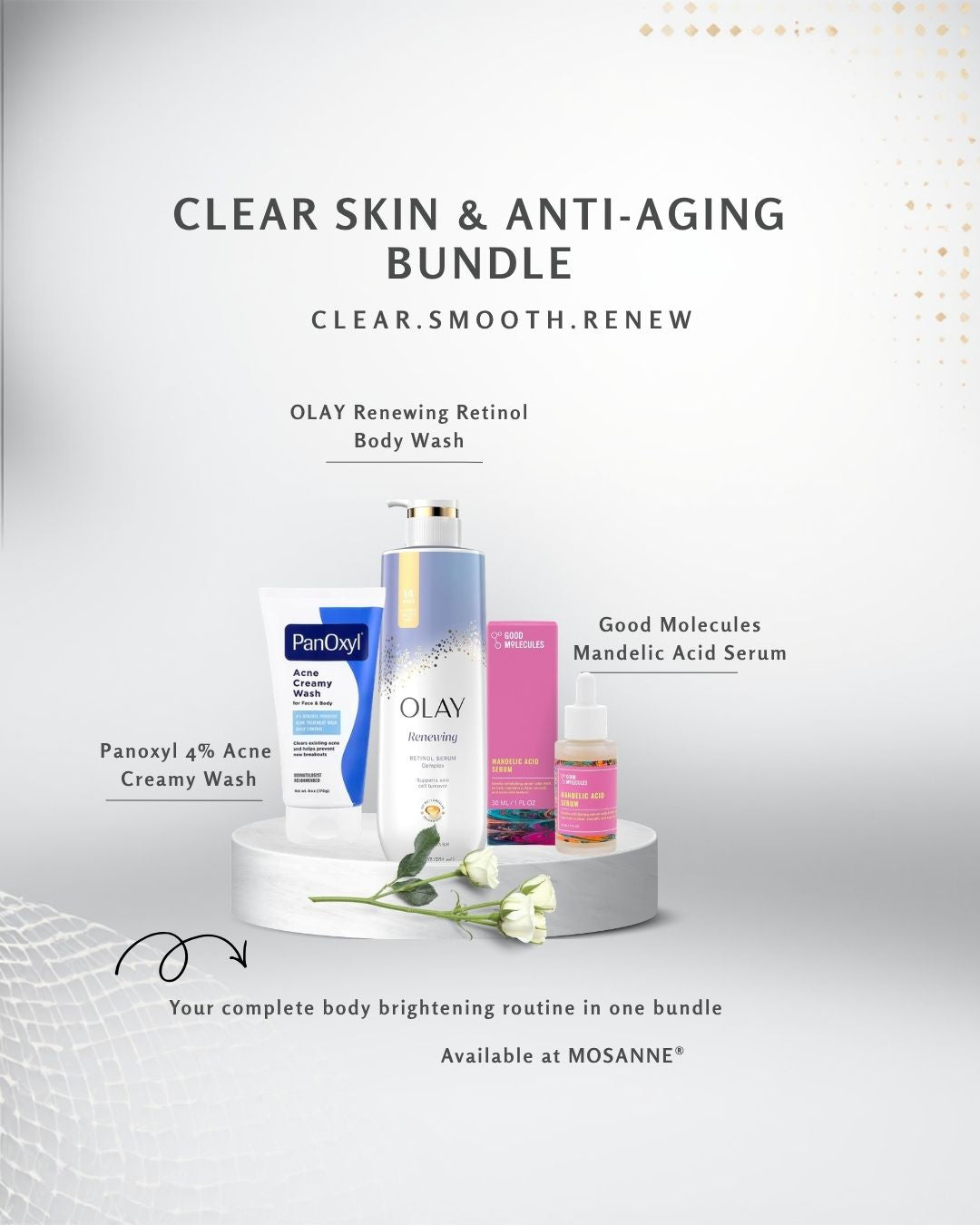 Promotional graphic for the Olay Clear Skin & Anti-Aging Bundle, featuring Olay Renewing Retinol Body Wash, Panoxyl 4% Acne Creamy Wash, and Good Molecules Mandelic Acid Serum on a white pedestal against a light gray background.