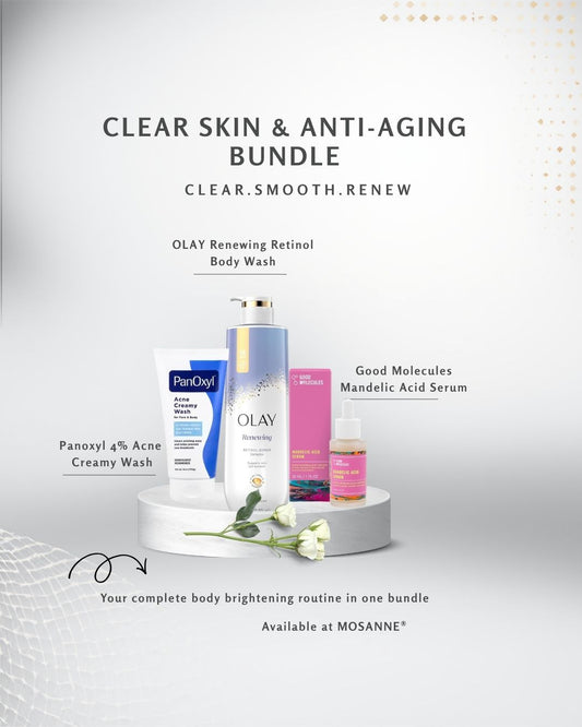 Promotional graphic for the Olay Clear Skin & Anti-Aging Bundle, featuring Olay Renewing Retinol Body Wash, Panoxyl 4% Acne Creamy Wash, and Good Molecules Mandelic Acid Serum on a white pedestal against a light gray background.