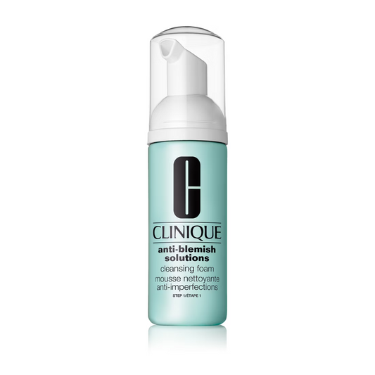 A light green 125ml Clinique Anti-Blemish Solutions Cleansing Foam bottle with a white pump, featuring the Clinique logo and black text on the front.